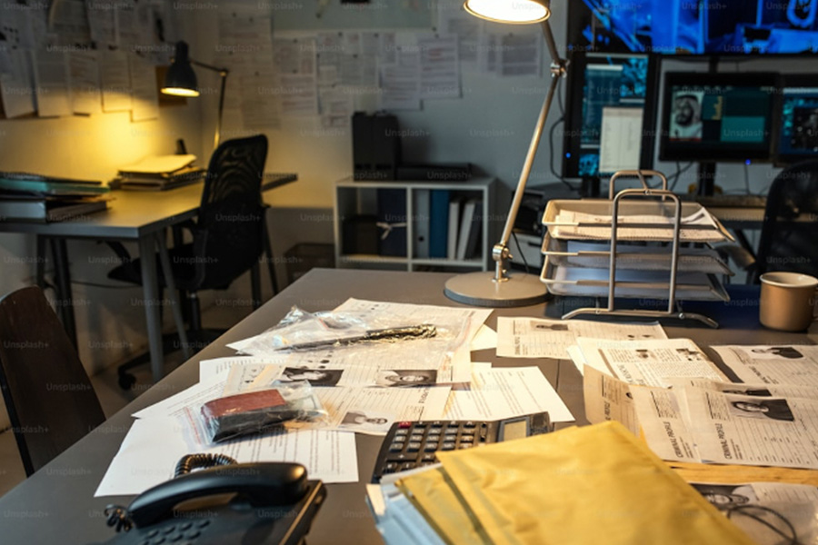 An image of an office of an investigator with evidence and paperwork